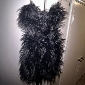 Black Furry Short Dress with Leather Belt